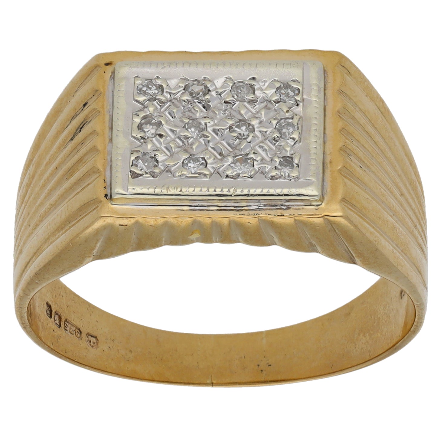 9ct Bicolour Gold 0.06ct Diamond Crest/Emblem Signet Ring Size Z