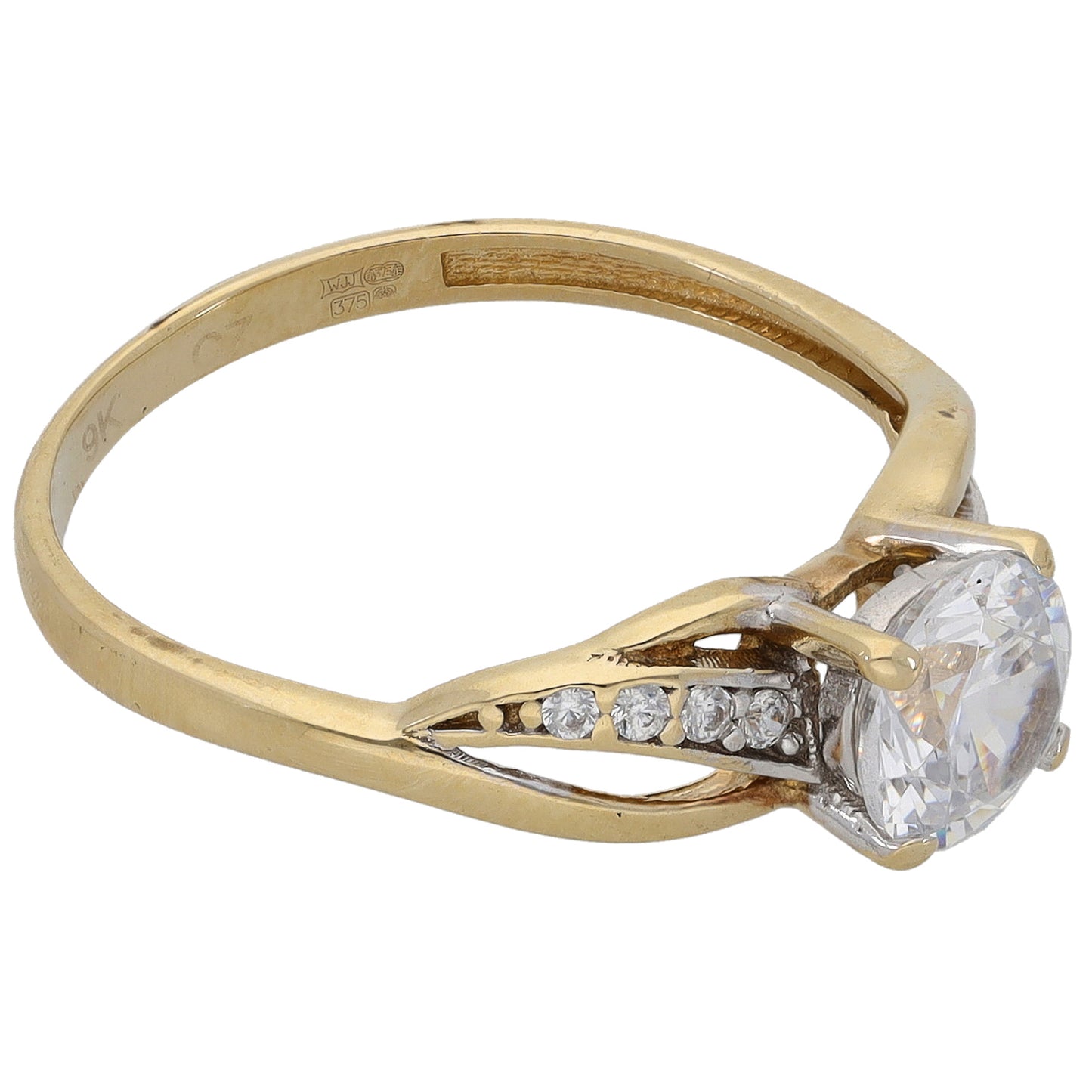 9ct Gold Cubic Zirconia Single Stone Ring with Accent Stones Size P