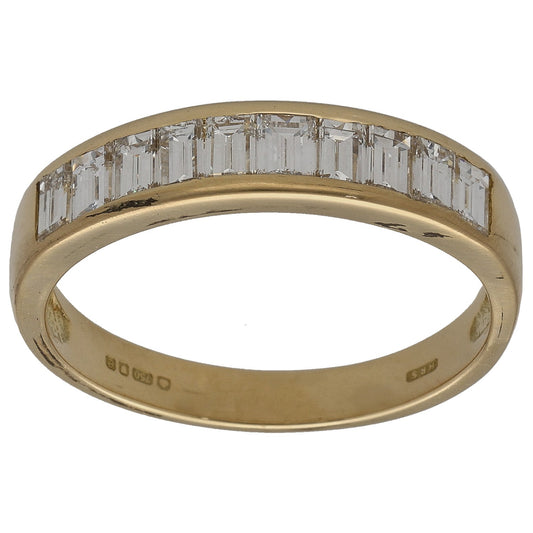 9ct gold half eternity ring with baguette diamond set band, polished gold edge