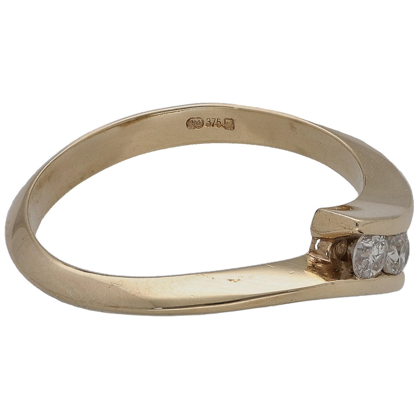 9ct yellow gold two-stone ring with two round diamonds on front, curved open band