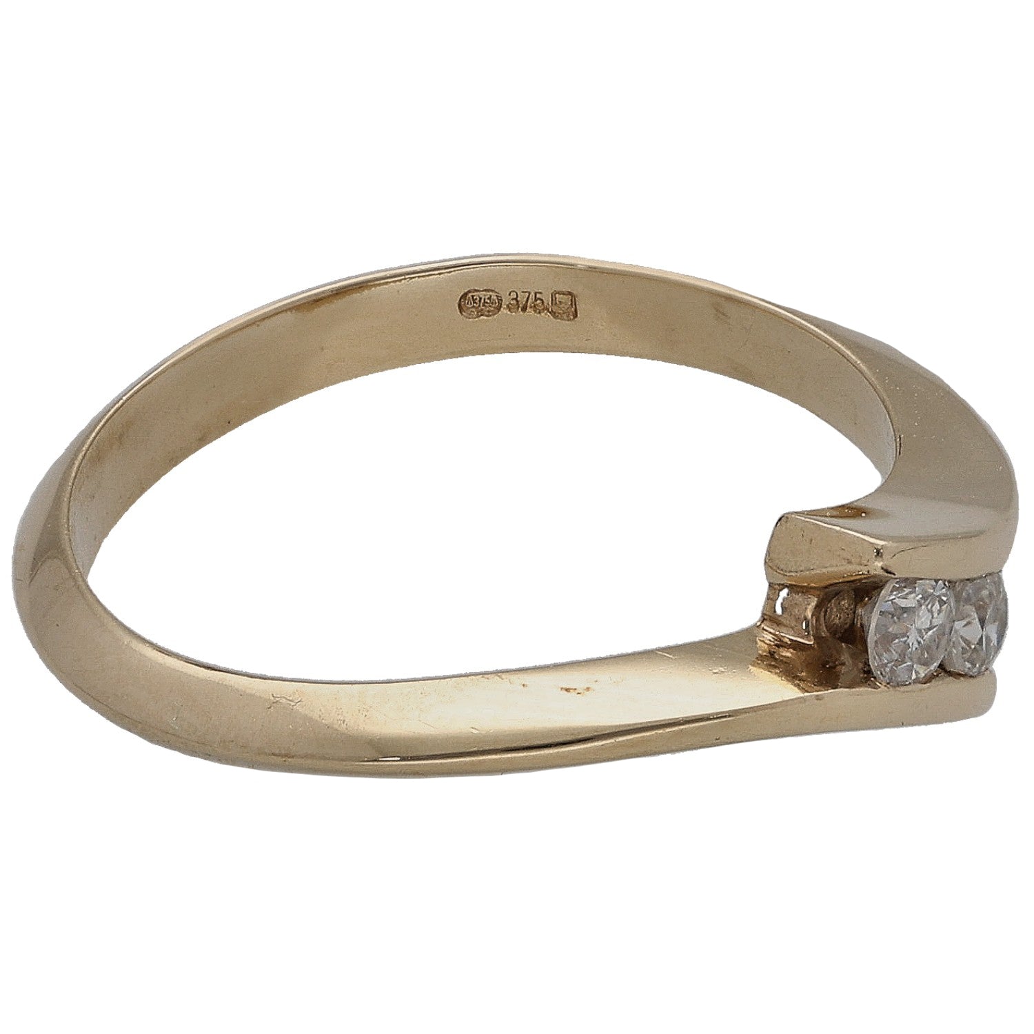 9ct yellow gold two-stone ring with two round diamonds on front, curved open band