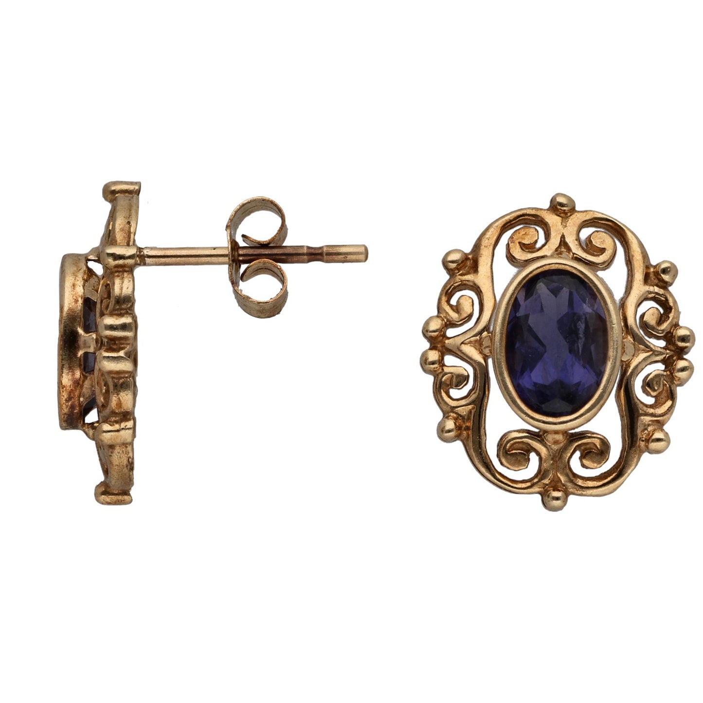 Gold iolite stud earrings with oval blue-purple gemstone in ornate halo setting