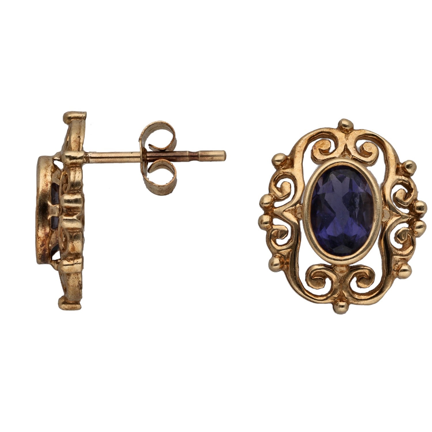 Gold iolite stud earrings with oval blue-purple gemstone in ornate halo setting