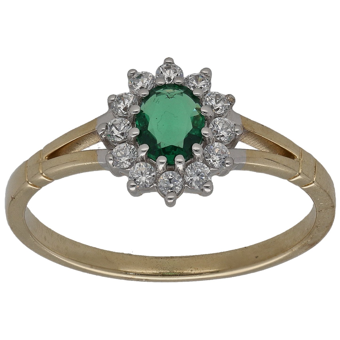 Gold-tone imitation ring with green center stone and clear accent halo, Size N