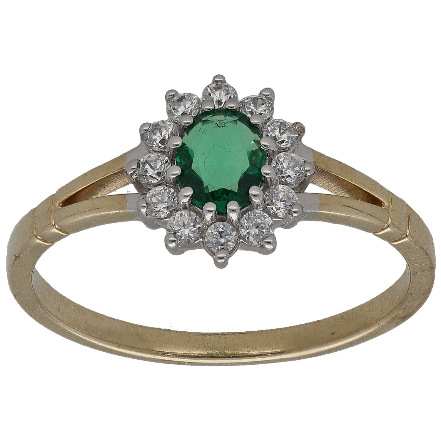 Gold-tone imitation ring with green center stone and clear accent halo, Size N