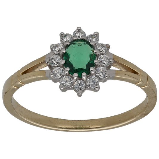Gold-tone imitation ring with green center stone and clear accent halo, Size N