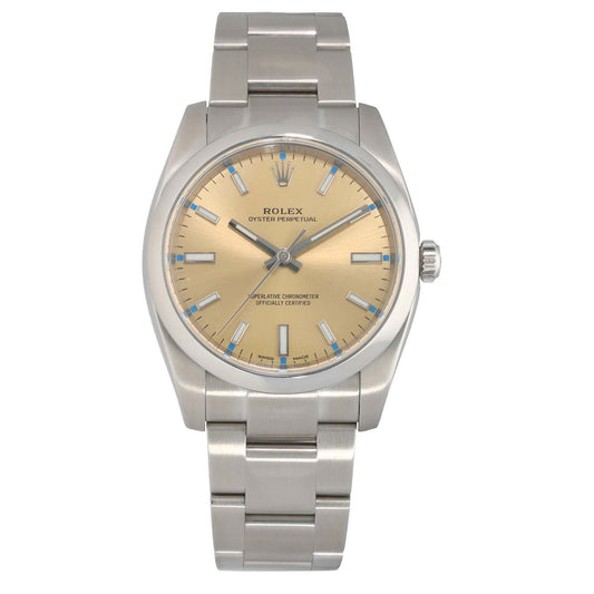 Rolex Oyster Perpetual 114200 Stainless steel watch with champagne dial and three-link metal bracelet