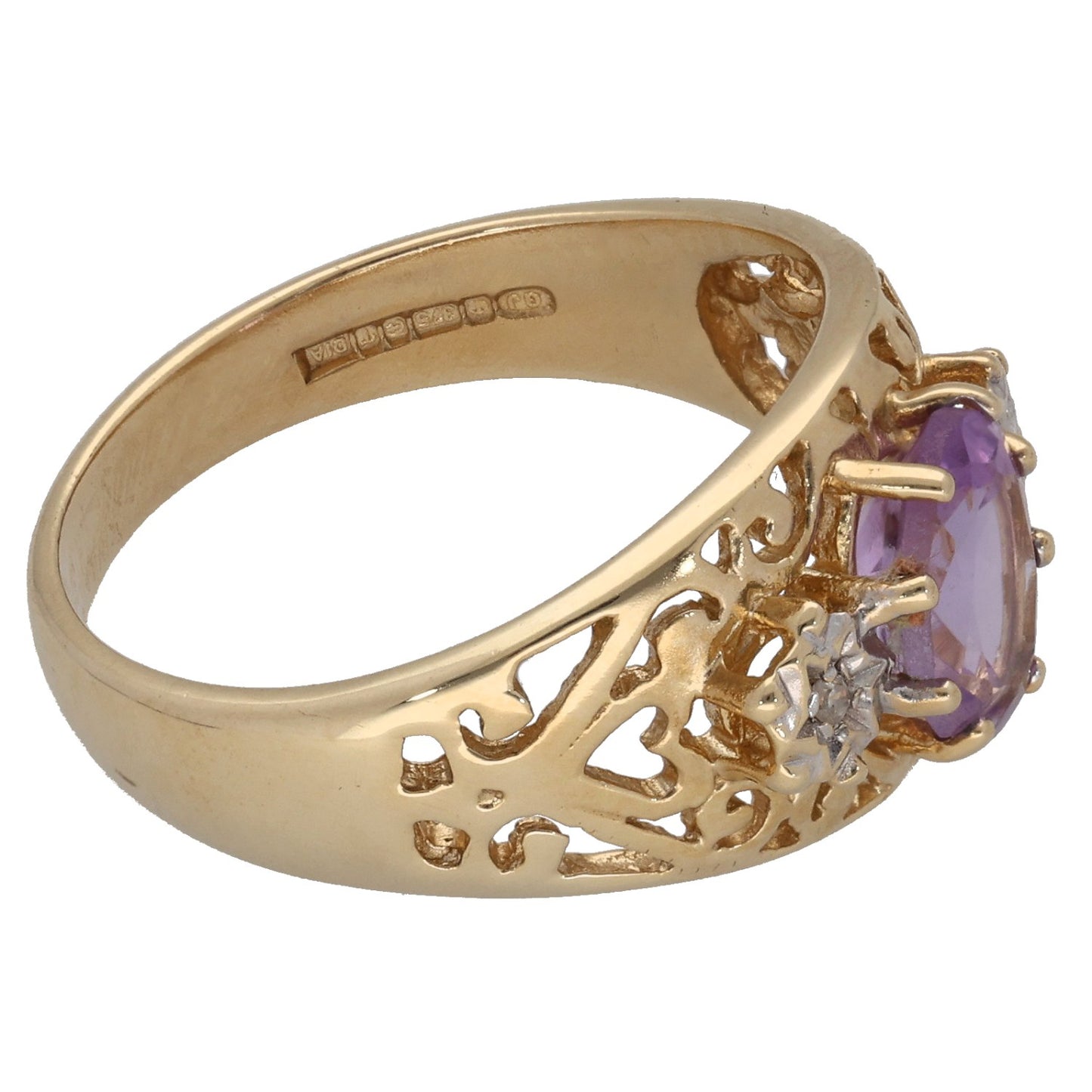 9ct Gold 0.02ct Diamond & Amethyst Three Stone Ring Size P