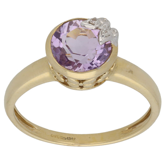 9ct Gold 0.01ct Diamond & Amethyst Dress/Cocktail Ring Size R