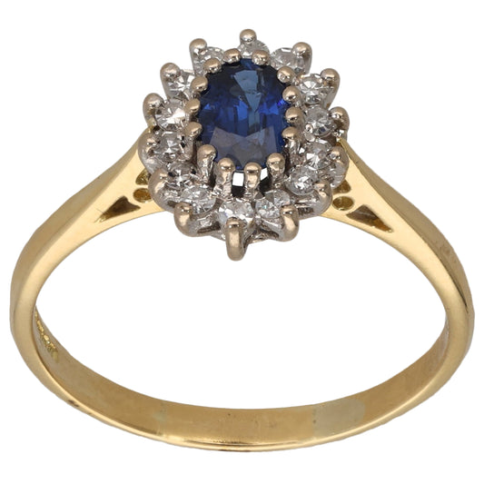 18ct Gold Sapphire & 0.14ct Round Diamond Cluster Ring Size P