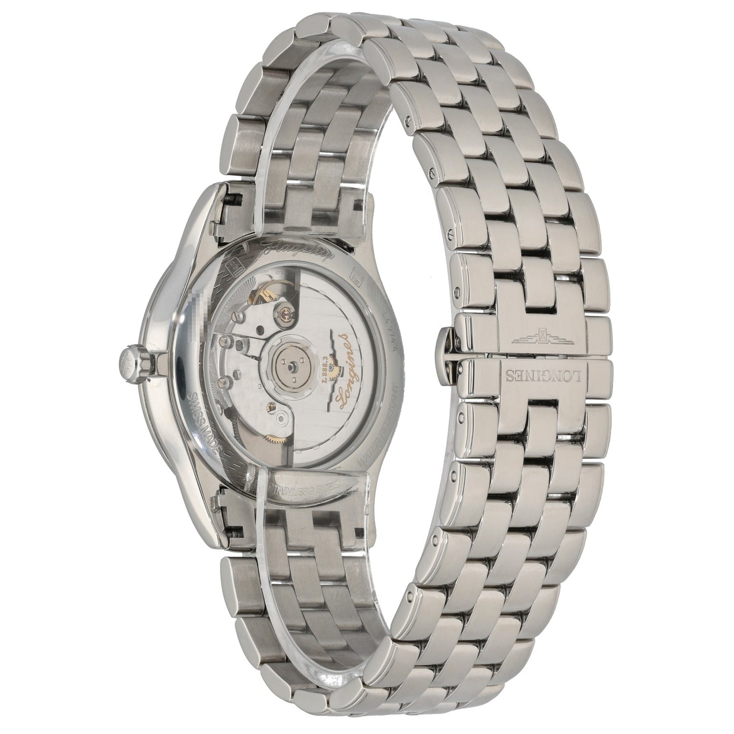 Longines Flagship  L4.974.4 with white dial and black roman numberal hour markers, inside a 38.5mm stainless steel case rear image, showing exposed caseback