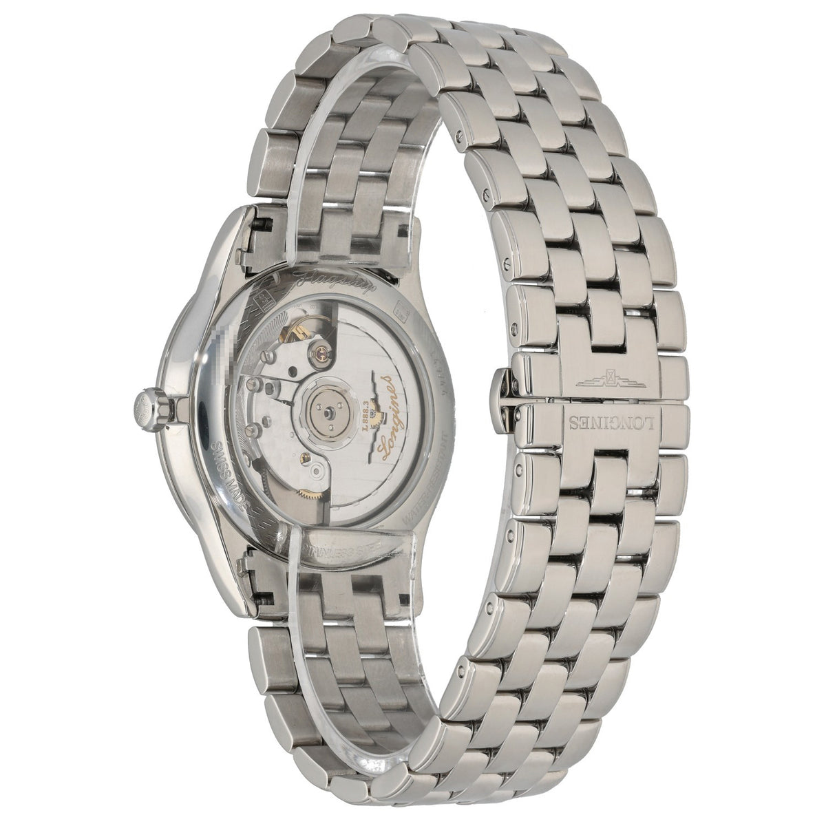 Longines Flagship  L4.974.4 with white dial and black roman numberal hour markers, inside a 38.5mm stainless steel case rear image, showing exposed caseback