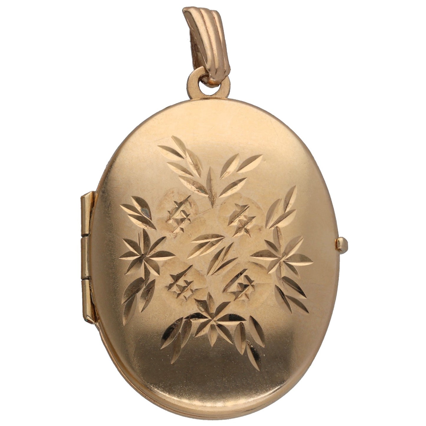 Gold oval locket pendant with engraved leaf pattern and hinged side clasp