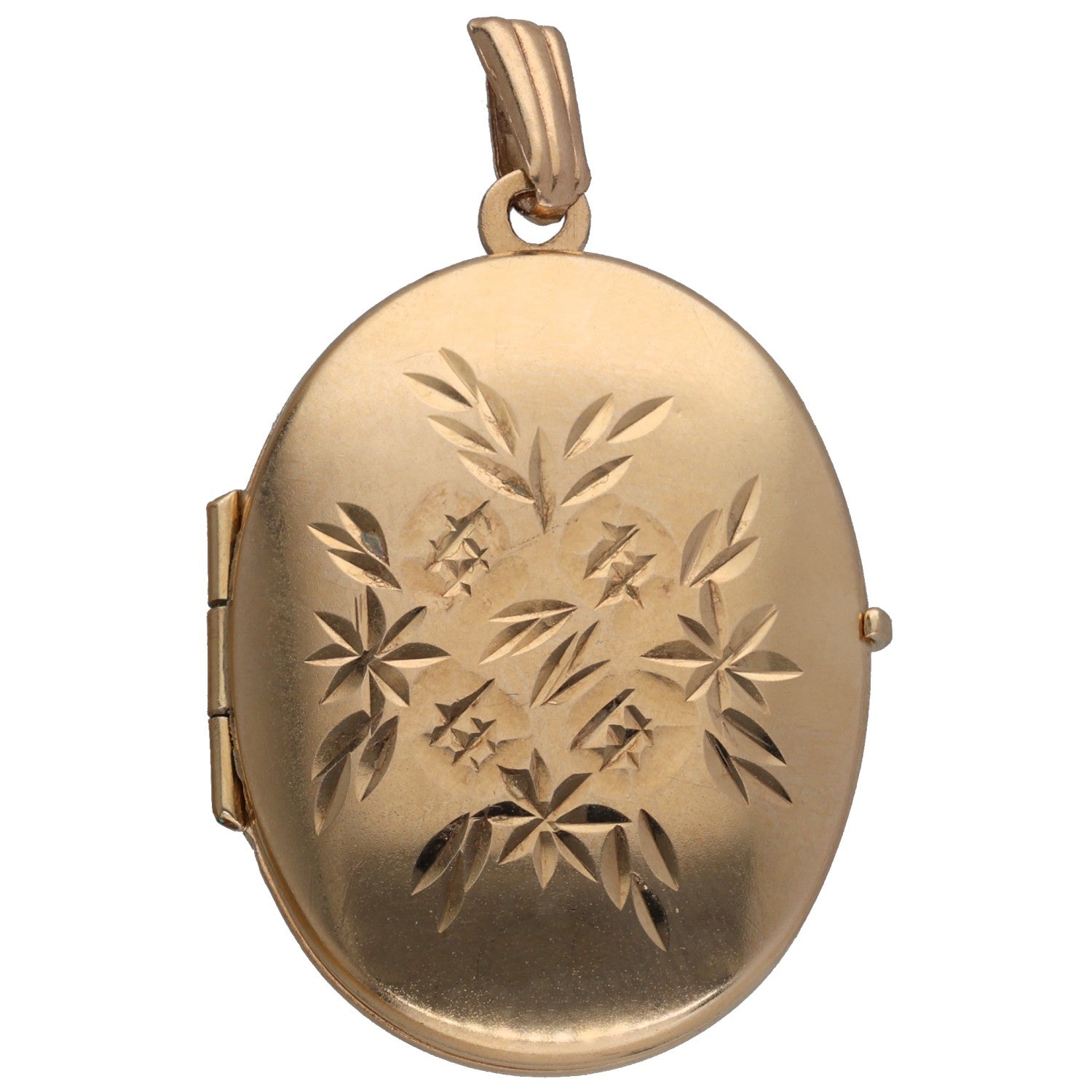Gold oval locket pendant with engraved leaf pattern and hinged side clasp