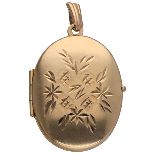 Gold oval locket pendant with engraved leaf pattern and hinged side clasp