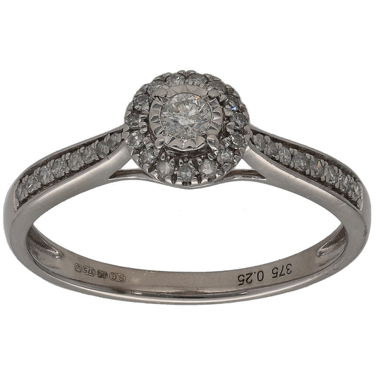 9ct White Gold 0.25ct Diamond Halo Ring Size O