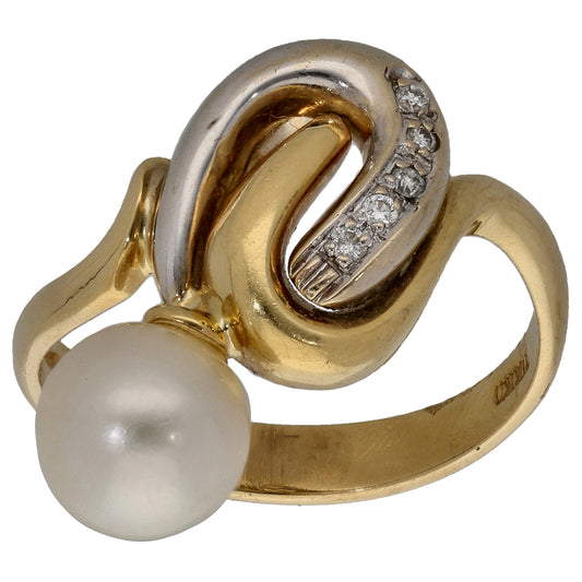 18ct Gold Cultured Pearl & 0.05ct Diamond Dress/Cocktail Ring Size M
