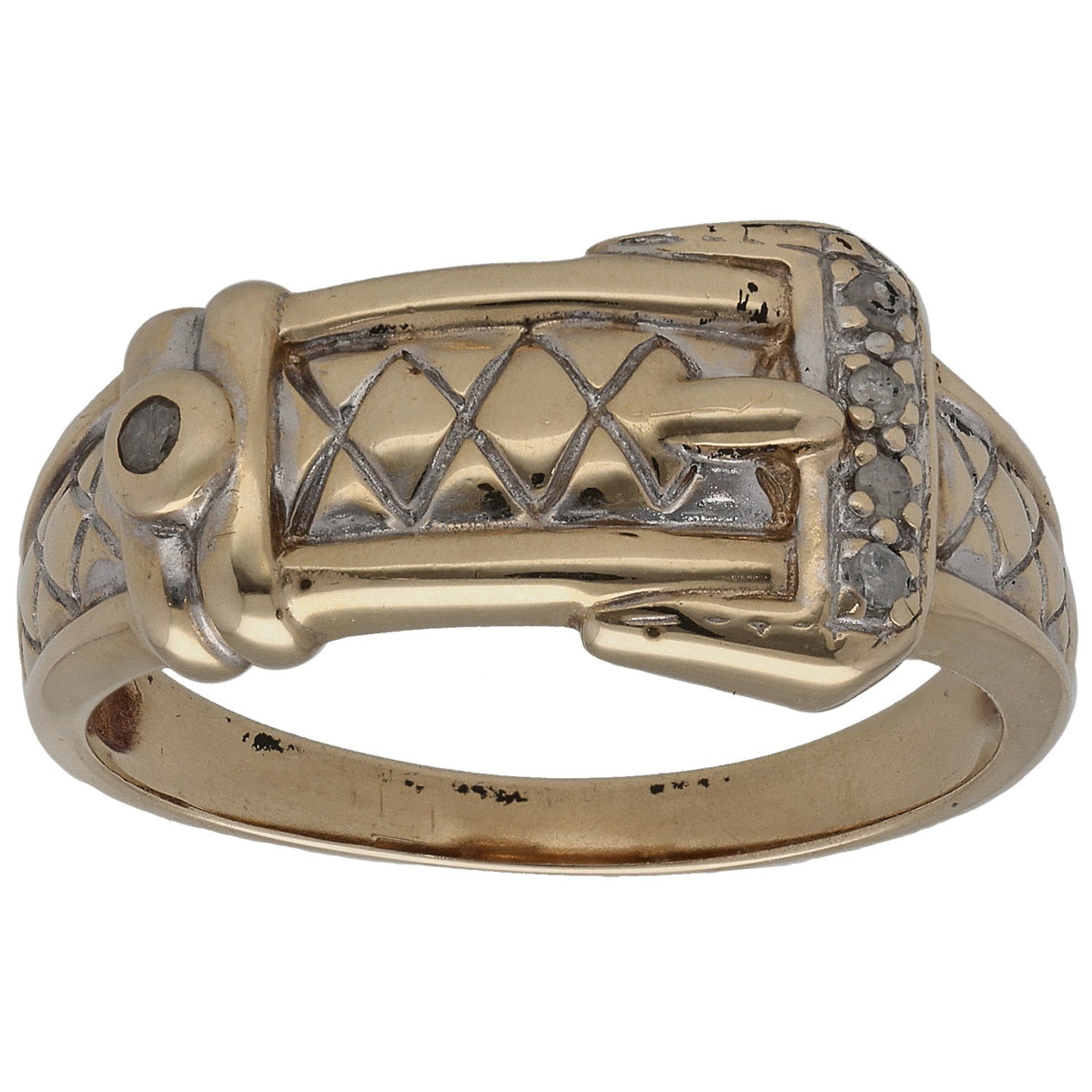 Gold buckle ring with geometric lattice front and small round diamonds