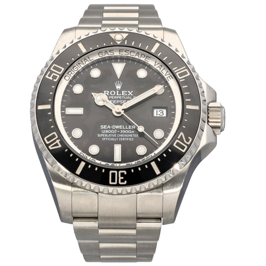 Rolex Deep Sea 136660 Stainless steel dive watch with black dial, rotating bezel, and metal link bracelet