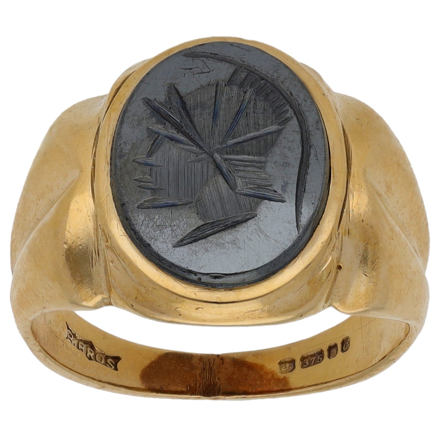 9ct Gold Hematite Crest/Emblem Single Stone Signet Ring Size Q | H&T