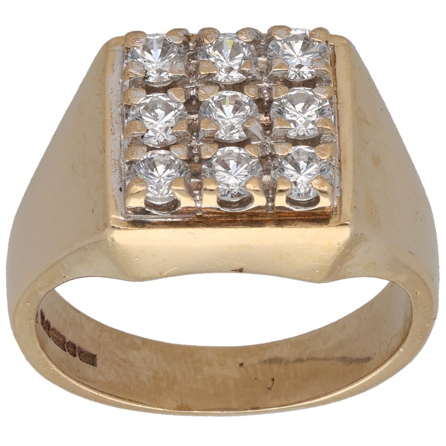 Gold signet ring with square CZ patterned face