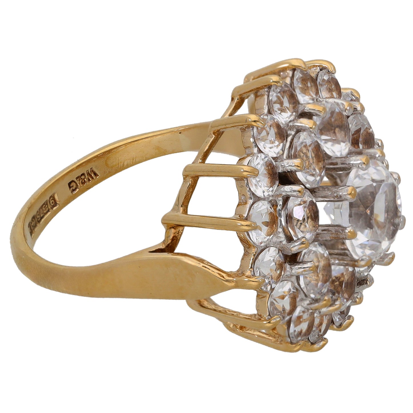 9ct gold CZ cluster ring with round clear stones in a halo setting