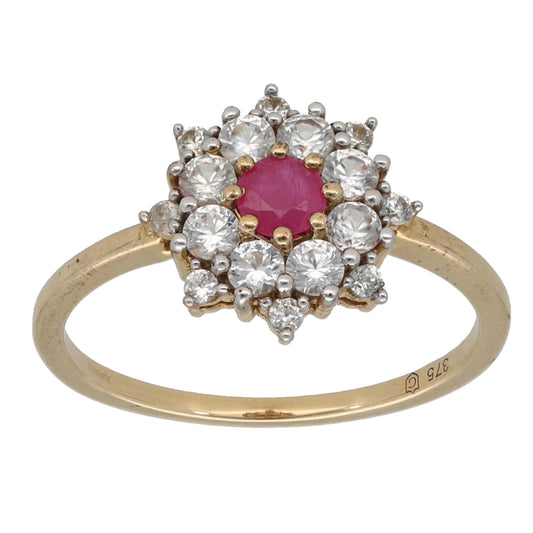 9ct Gold Ruby & Cubic Zirconia Cluster Ring Size P