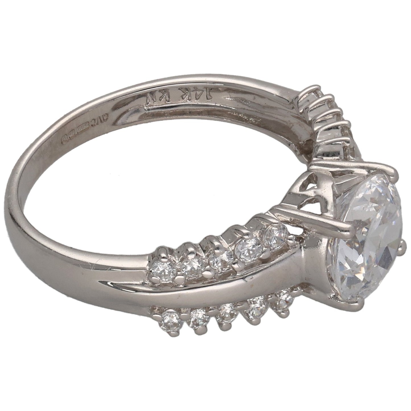 14ct White Gold Cubic Zirconia Single Stone Ring With Accents Size K