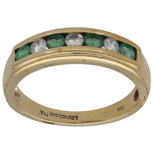 9ct Gold Emerald & 0.15ct Diamond Half Eternity Ring Size M