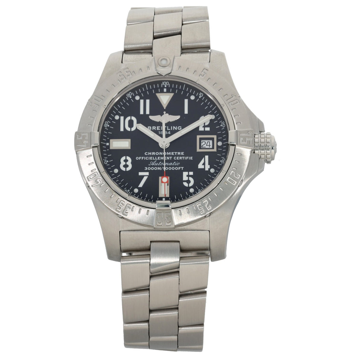 Breitling Avenger Seawolf A17330 Stainless steel wristwatch with black dial, luminous hands, and date window