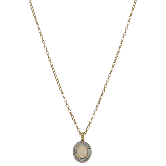 9ct Gold Opal & 0.33ct Diamond Dress/Cocktail Pendant With Chain