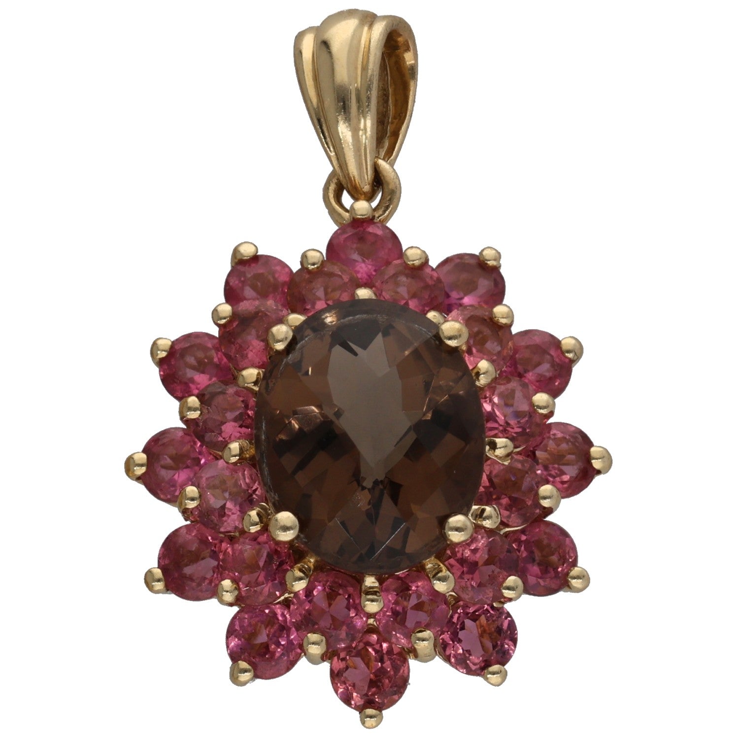 Gold-tone pendant with smoky quartz center and pink tourmaline flower halo