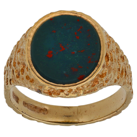 9ct Gold Bloodstone Patterned Signet Ring Size U
