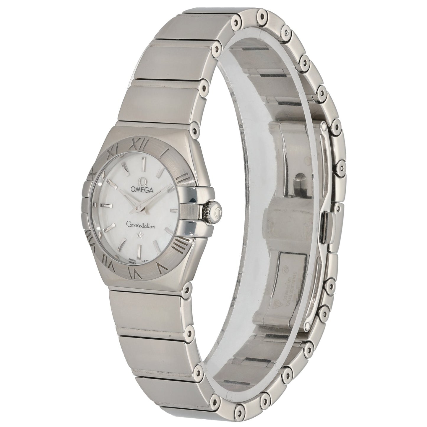 Stainless steel watch with link bracelet, side profile, white dial with Roman numerals
