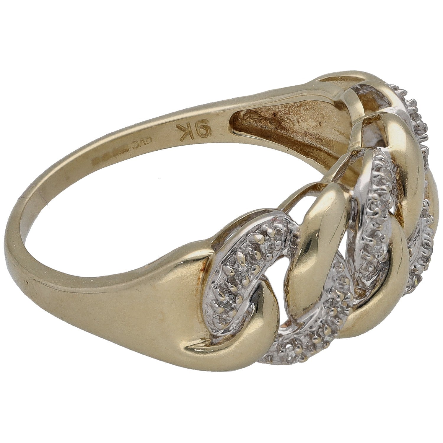 Gold tone ring with side view of oval stone clusters on a twisted cross band.