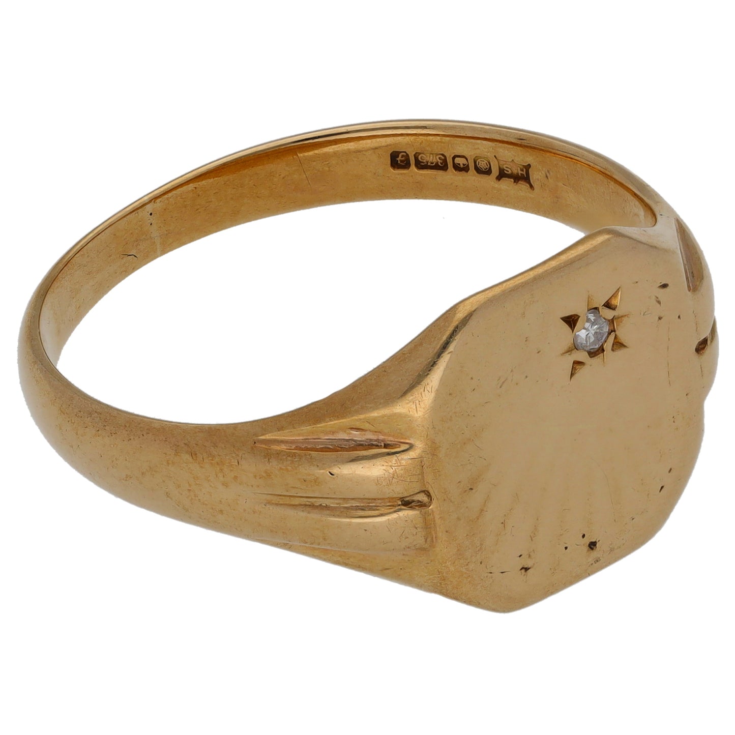 9ct Gold 0.01ct Diamond Single Stone Patterned Signet Ring Size Z+1