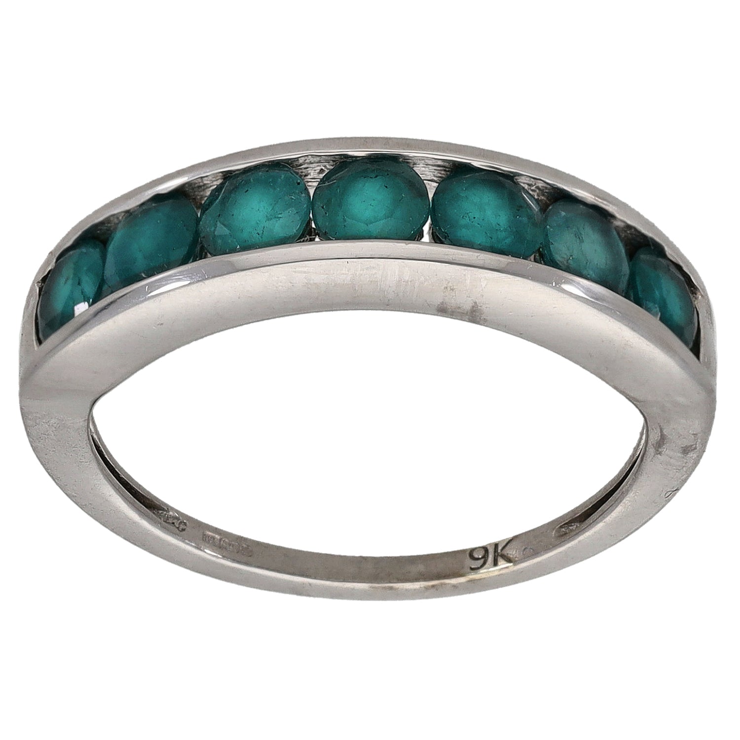 White gold half eternity ring with a row of teal gemstones across the top