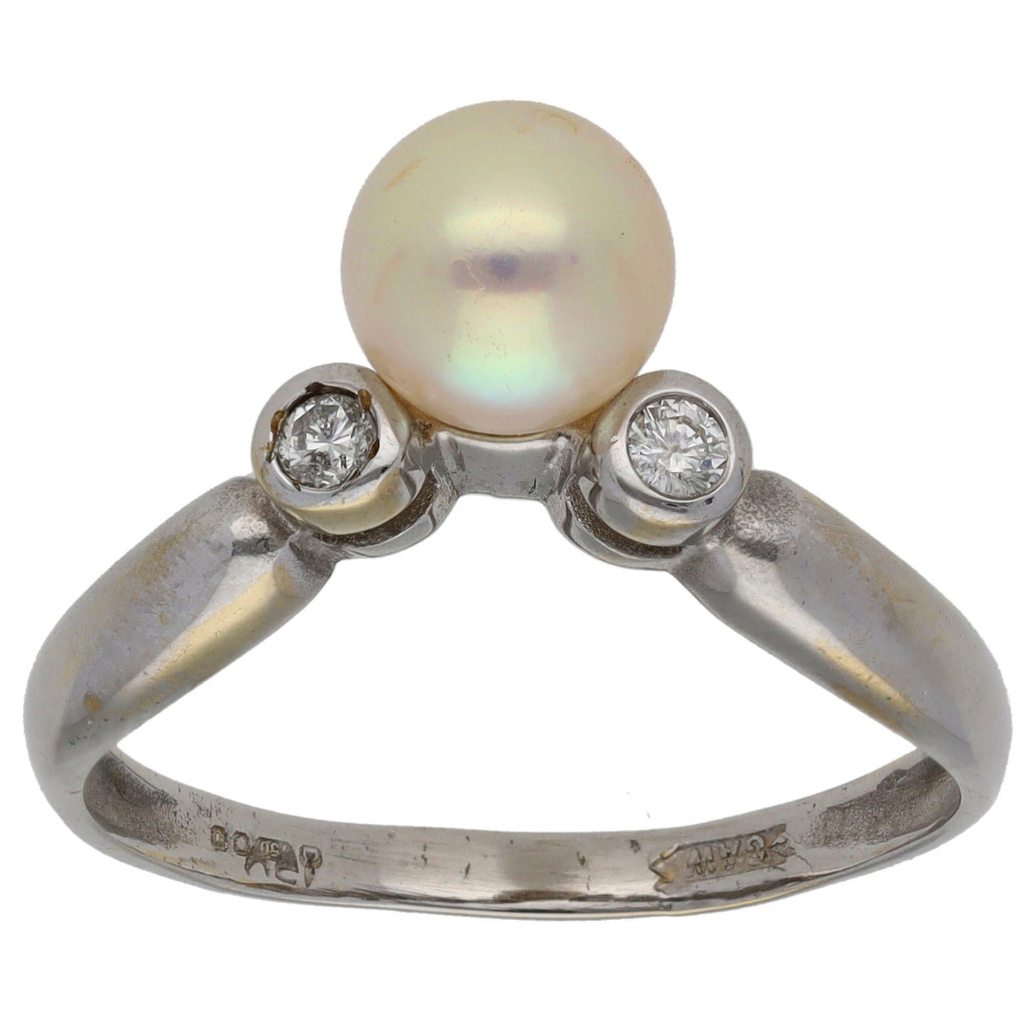 18ct White Gold Cultured Pearl & 0.06ct Diamond Trilogy Ring Size P