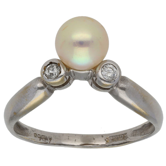 18ct White Gold Cultured Pearl & 0.06ct Diamond Trilogy Ring Size P