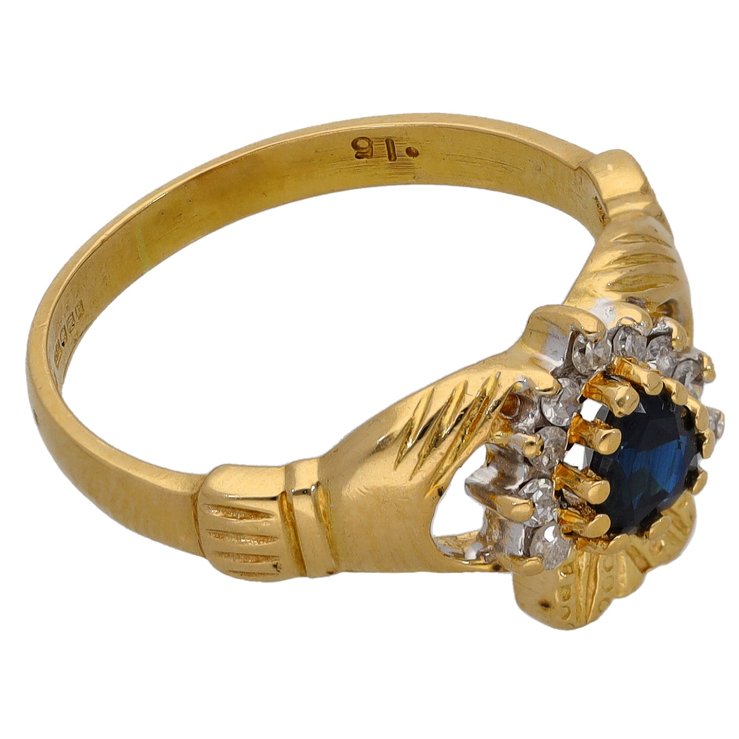 18ct Gold Sapphire & 0.18ct Diamond Claddagh Ring Size P