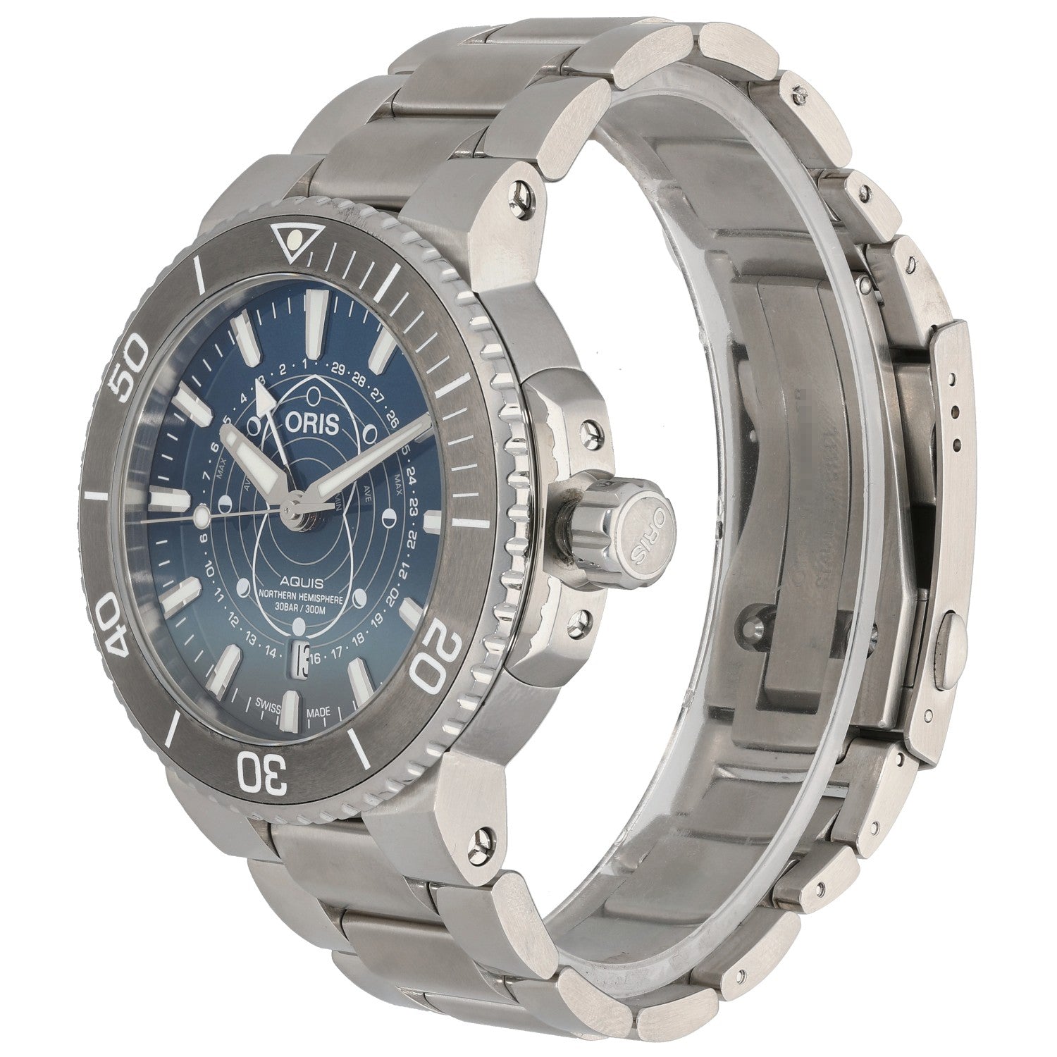 Oris Aquis 01 761 7765 4185 Stainless steel diver watch in profile, showing crown and ridged bezel edge