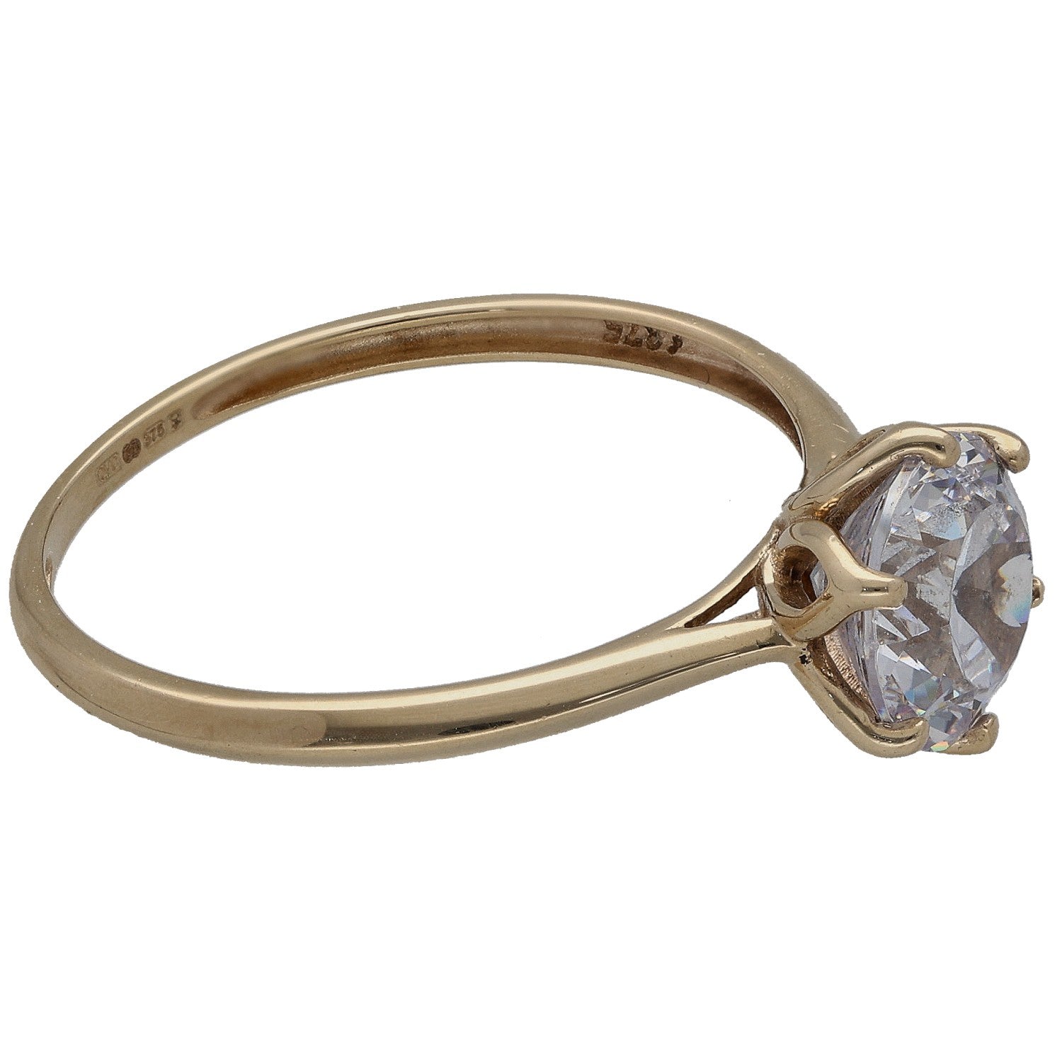 9ct gold CZ ring with round clear stone on side, prong-set on slim band
