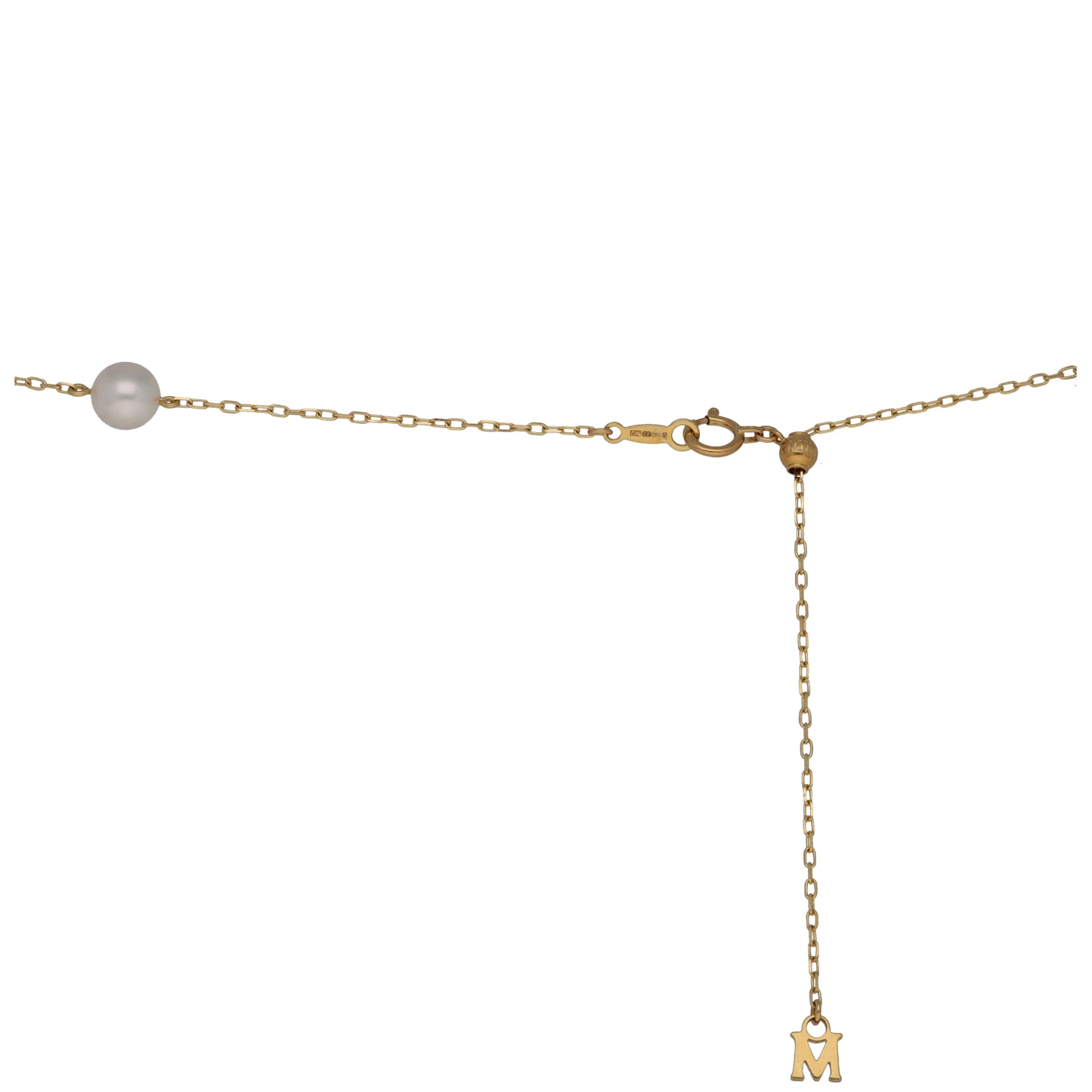 Gold cultured pearl necklace with clasp and hanging letter M charm, gray pearls