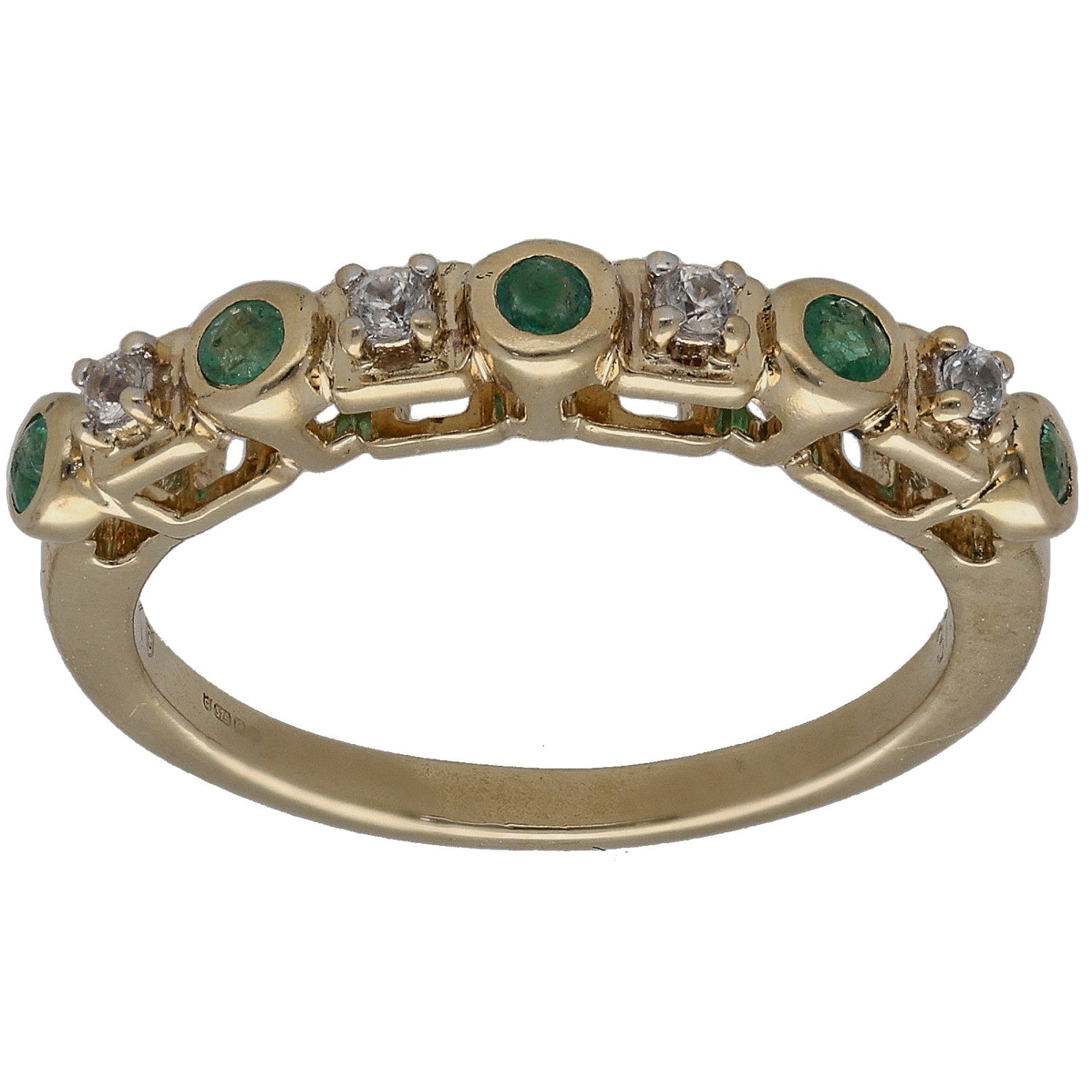 9ct gold half-eternity ring, green emerald-look stones and clear stones, size L