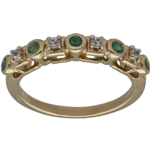 9ct gold half-eternity ring, green emerald-look stones and clear stones, size L
