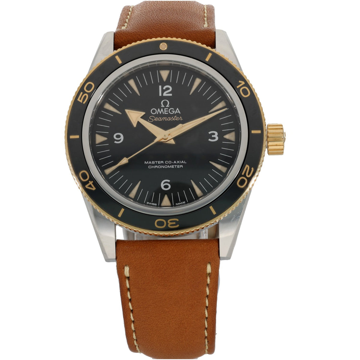 Omega Seamaster 300 233.22.41.21.01.001 , black dial with bi-colour case and tan brown leather bracelet.