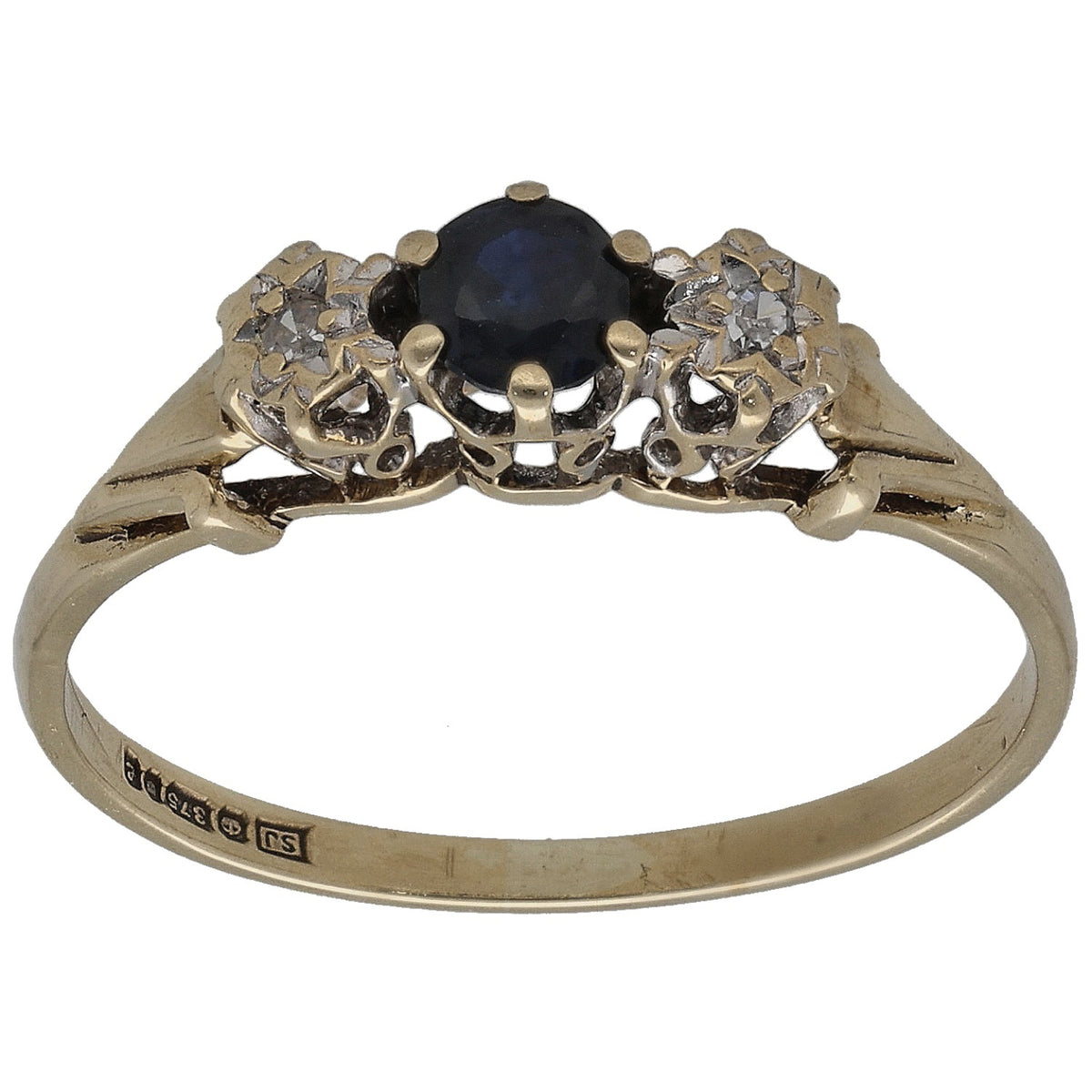 9ct gold sapphire and diamond three-stone ring with round dark blue center stone