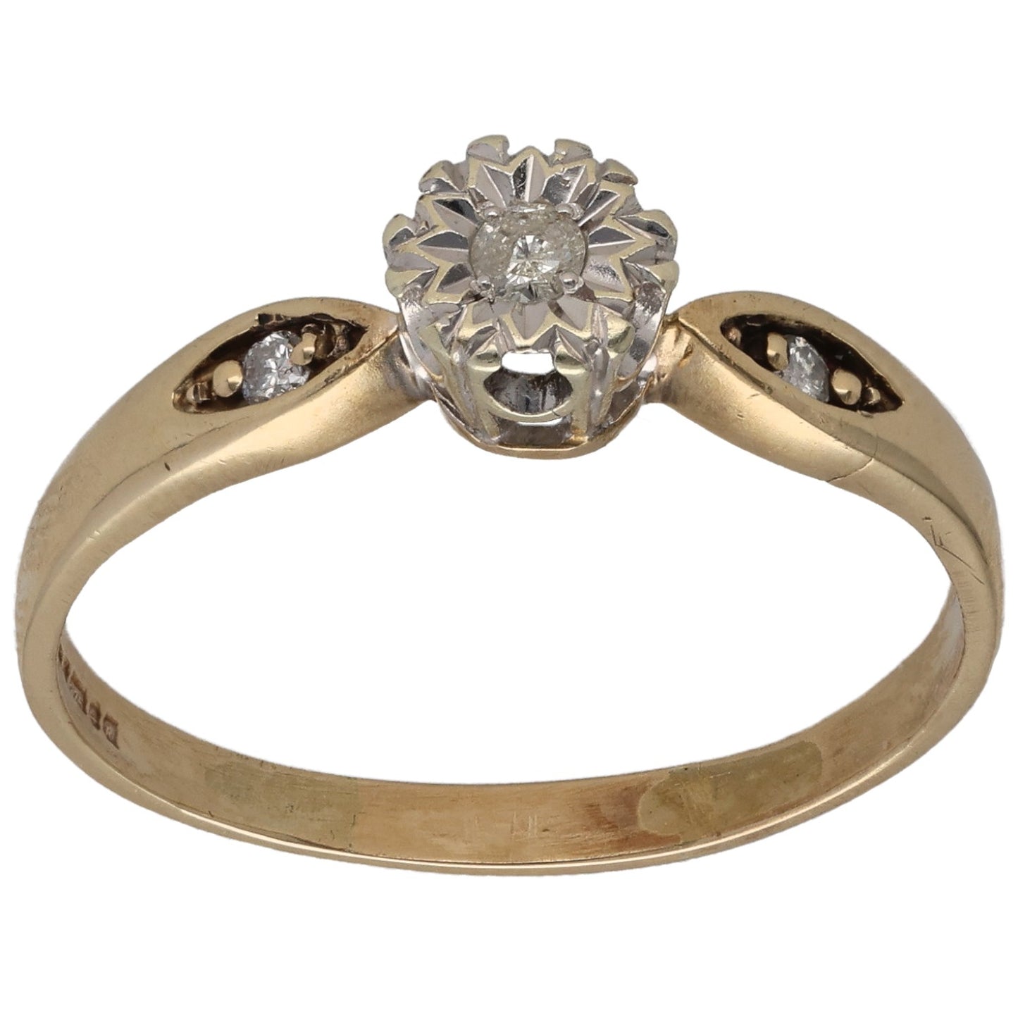 9ct Gold 0.10ct Diamond Solitaire Ring With Accent Stones Size V