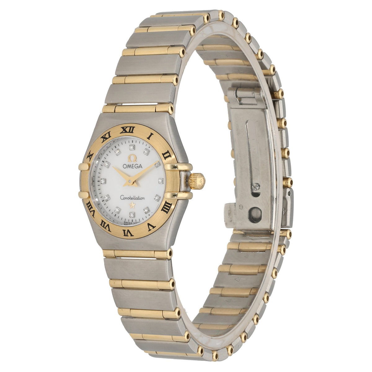 Omega Constellation 1262.75.00, with mother of pearl dial inside stainless steel and gold case and bracelet, front angle
