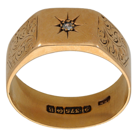 9ct Gold 0.02ct Diamond Single Stone Patterned Signet Ring Size Q